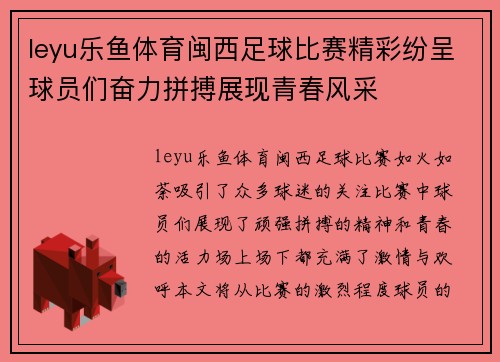 leyu乐鱼体育闽西足球比赛精彩纷呈球员们奋力拼搏展现青春风采