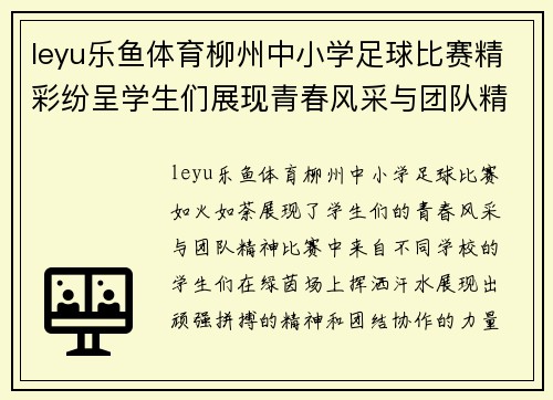 leyu乐鱼体育柳州中小学足球比赛精彩纷呈学生们展现青春风采与团队精神